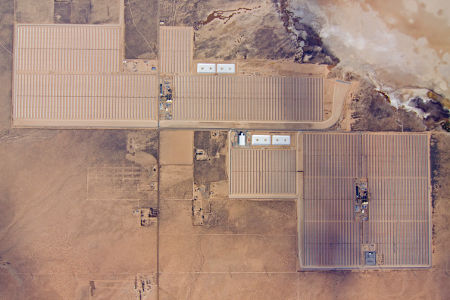 Aerial view of Mojave Solar, in California. The solar field covers nearly 2 square miles.